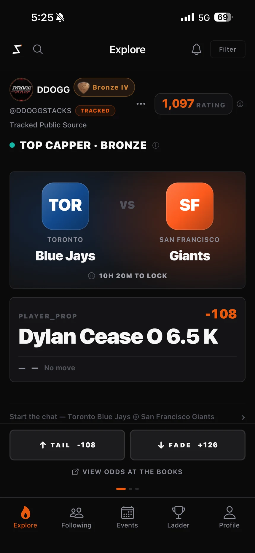 A top Bronze capper's MLB player prop in the Slipstream app, with one-tap tail and fade at live odds